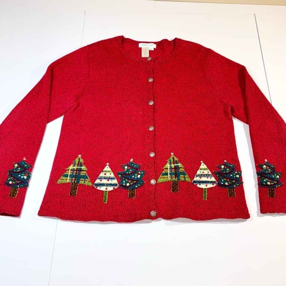 Christmas Trees Holiday Cardigan Sweater Coldwater Creek Large Beaded Red Black